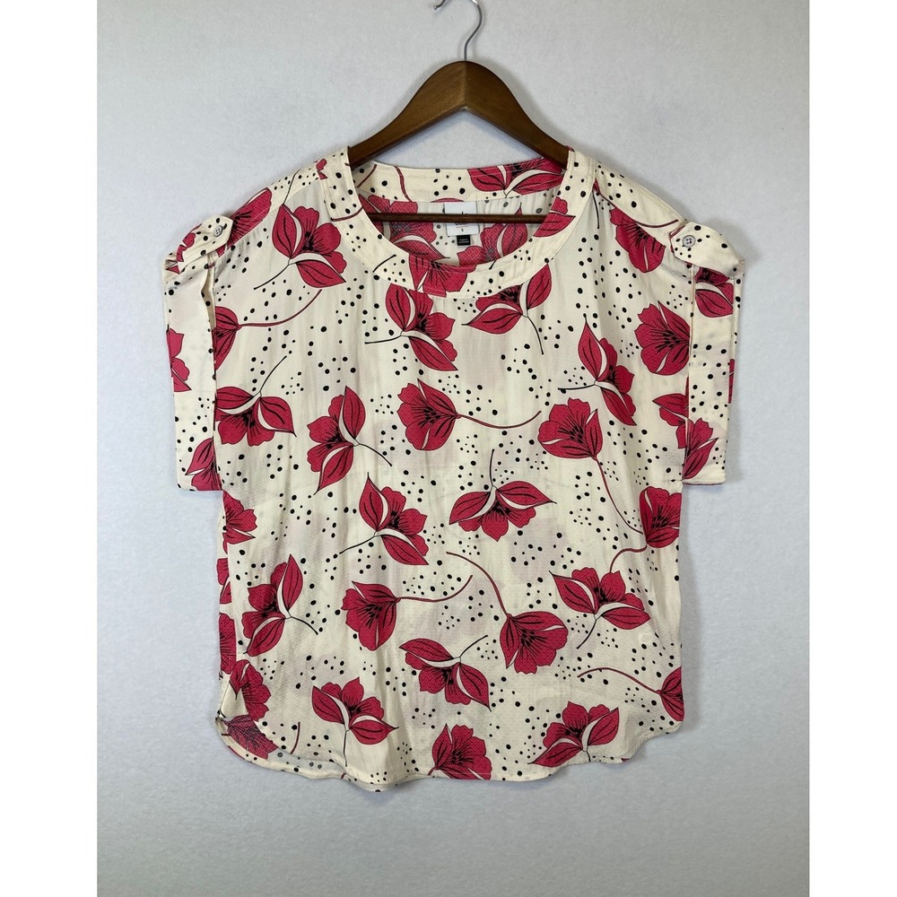 Floral Polka Dot‎ Cabi Women Size S Cream Pink Epaulet Short Sleeve Blouse 4166